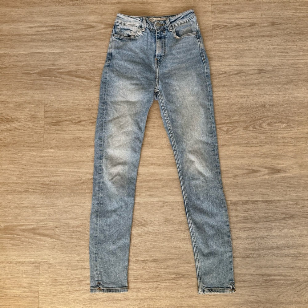 zara blue straight leg skinny high rise waist denim jeans pants bottom